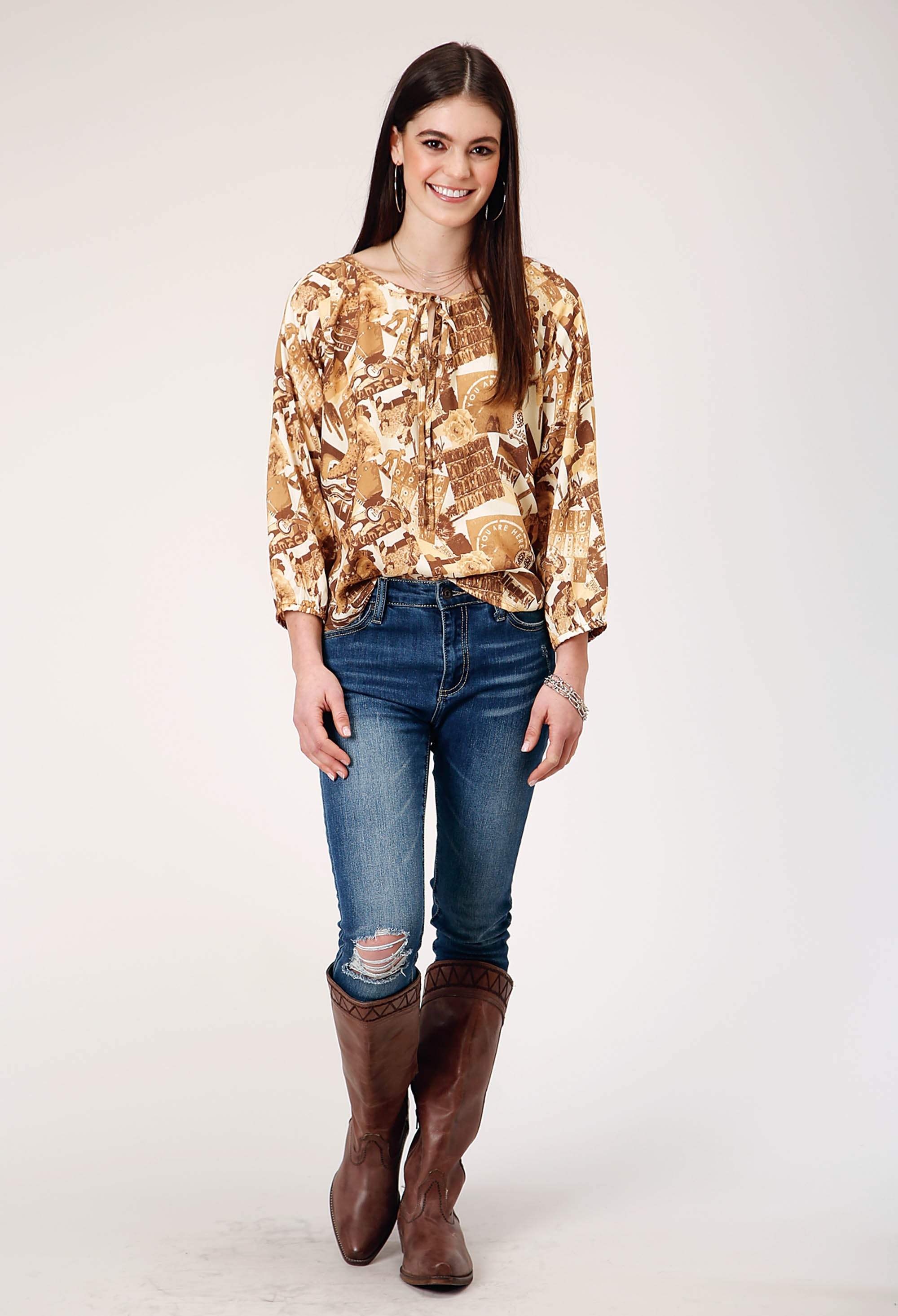 Roper Womens Three Quarter Raglan Sleeve Pullover Collage Print Western Shirt With Elastic Cuffs Notched Sccop Neck - Roper - Flyclothing LLC