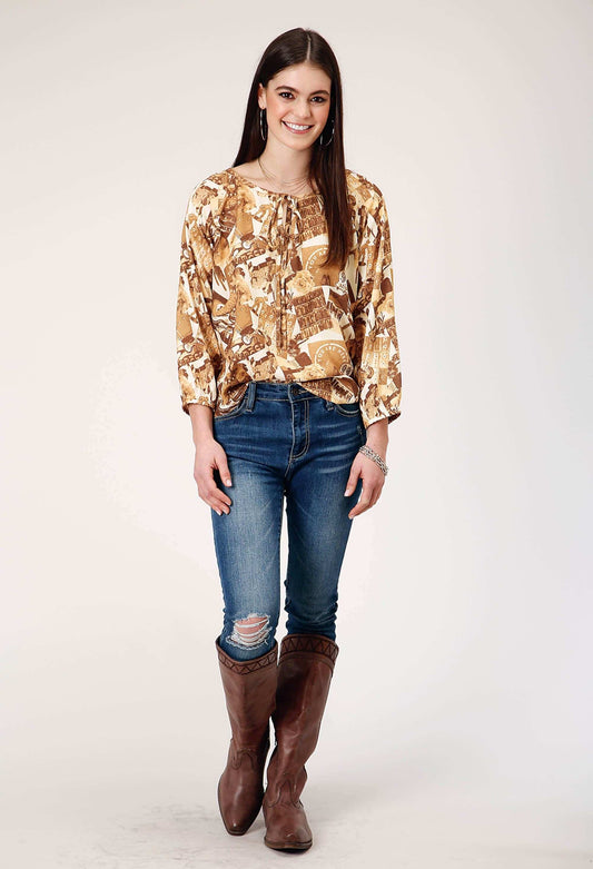 Roper Womens Three Quarter Raglan Sleeve Pullover Collage Print Western Shirt With Elastic Cuffs Notched Sccop Neck - Roper - Flyclothing LLC
