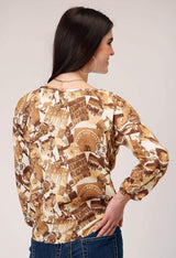 Roper Womens Three Quarter Raglan Sleeve Pullover Collage Print Western Shirt With Elastic Cuffs Notched Sccop Neck - Roper - Flyclothing LLC
