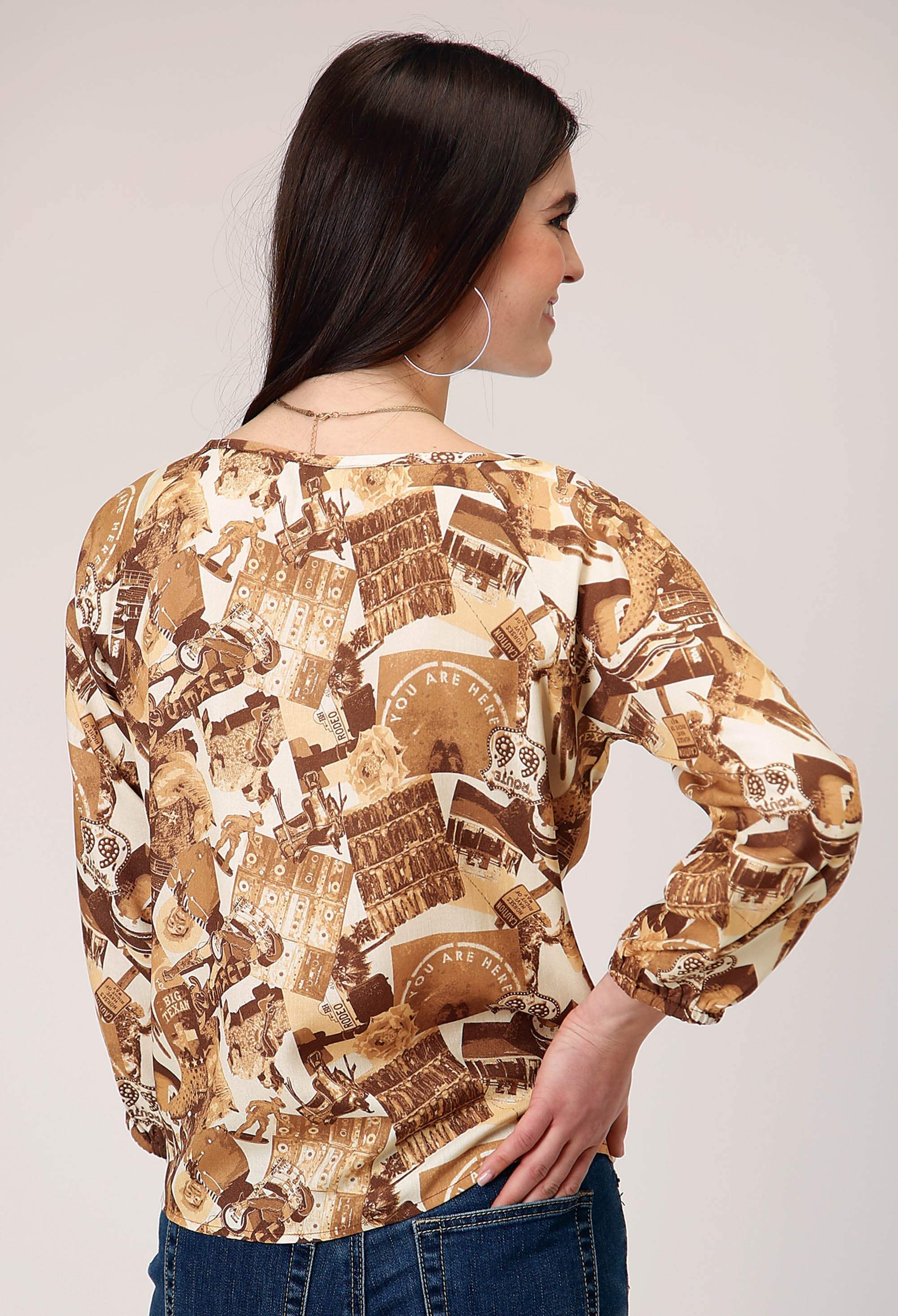 Roper Womens Three Quarter Raglan Sleeve Pullover Collage Print Western Shirt With Elastic Cuffs Notched Sccop Neck - Roper - Flyclothing LLC