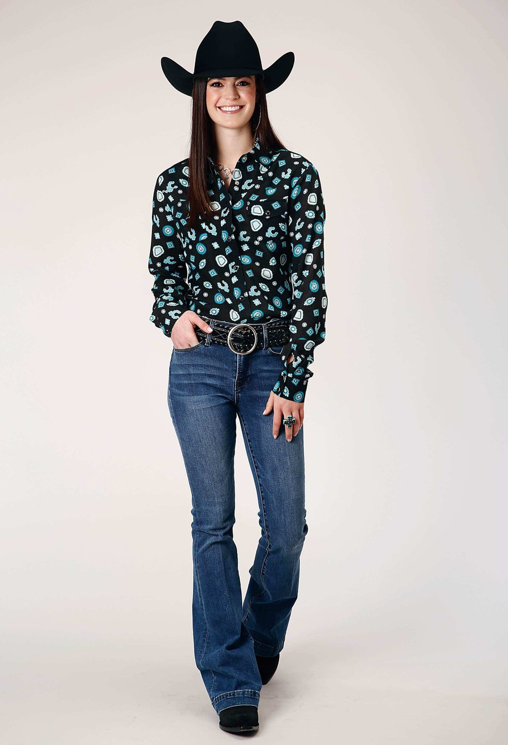 Roper Womens Long Sleeve Snap Jewelry Print Rayon Western Blouse With Front And Back Yokes - Roper - Flyclothing LLC