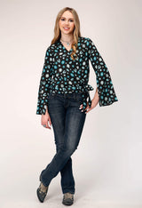 Roper Womens Long Sleeve Pullover Jewelry Print Rayon Wrap Western Blouse With Bell Sleeve With Side Split Opening Self Tie - Roper - Flyclothing LLC