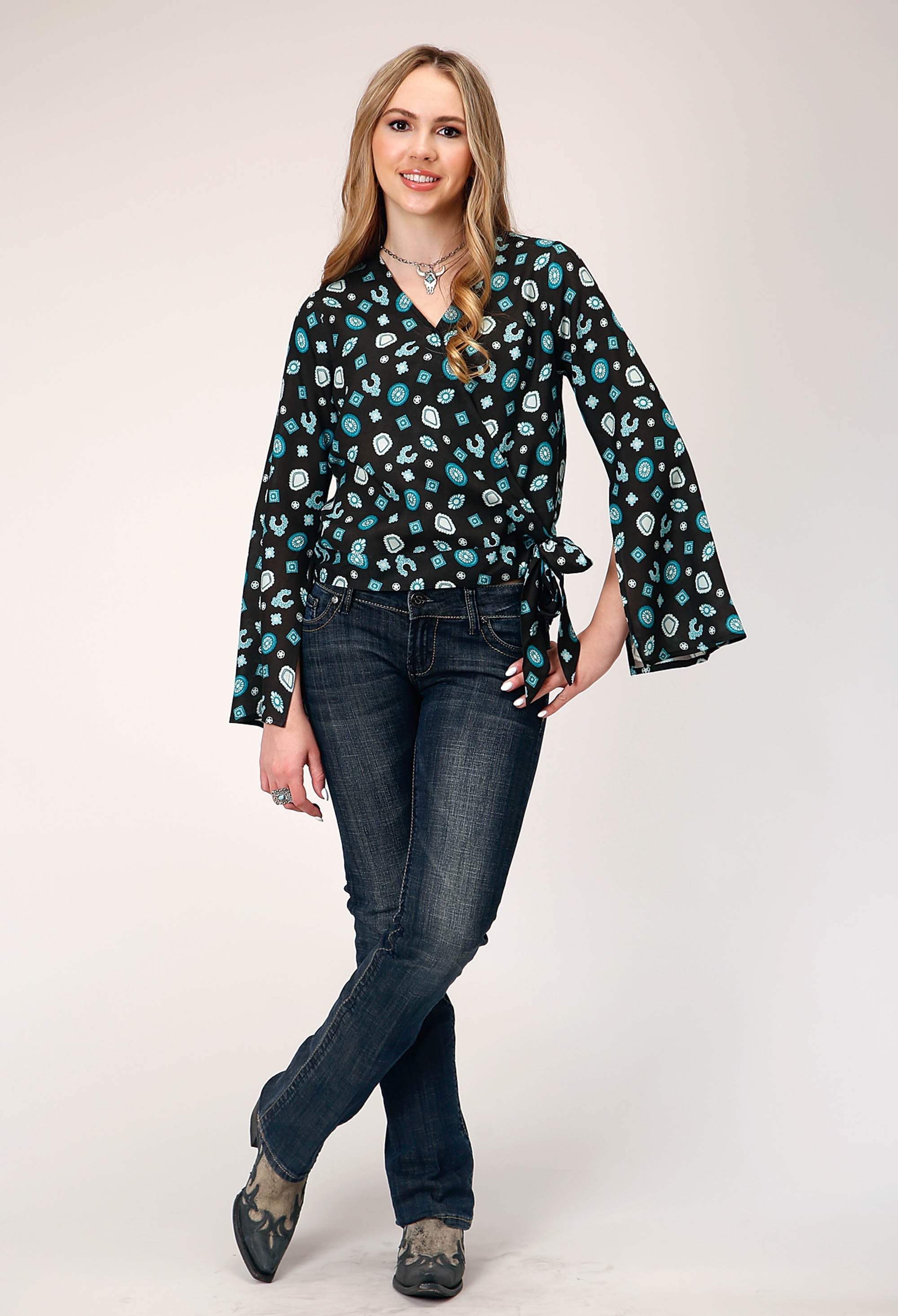 Roper Womens Long Sleeve Pullover Jewelry Print Rayon Wrap Western Blouse With Bell Sleeve With Side Split Opening Self Tie - Roper - Flyclothing LLC