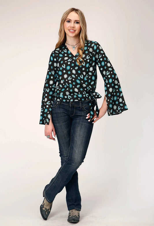 Roper Womens Long Sleeve Pullover Jewelry Print Rayon Wrap Western Blouse With Bell Sleeve With Side Split Opening Self Tie - Roper - Flyclothing LLC