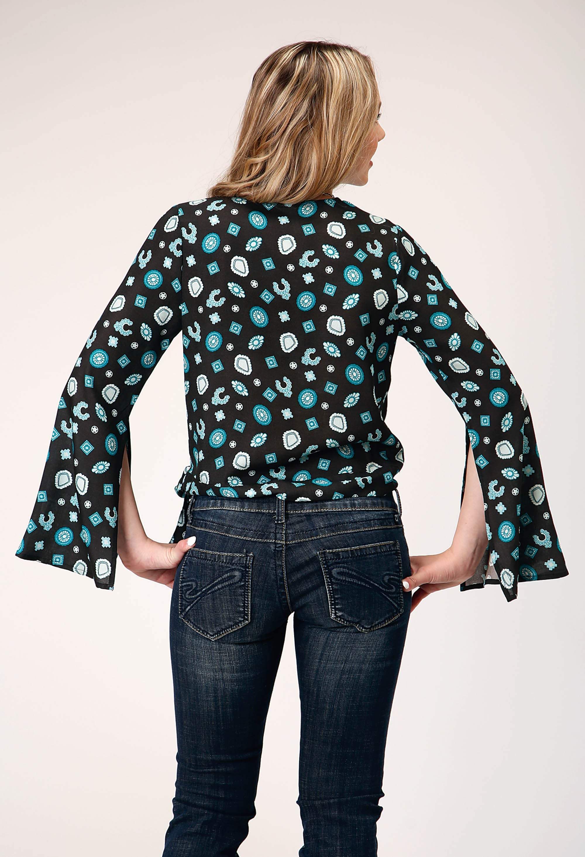 Roper Womens Long Sleeve Pullover Jewelry Print Rayon Wrap Western Blouse With Bell Sleeve With Side Split Opening Self Tie - Roper - Flyclothing LLC
