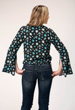 Roper Womens Long Sleeve Pullover Jewelry Print Rayon Wrap Western Blouse With Bell Sleeve With Side Split Opening Self Tie - Roper