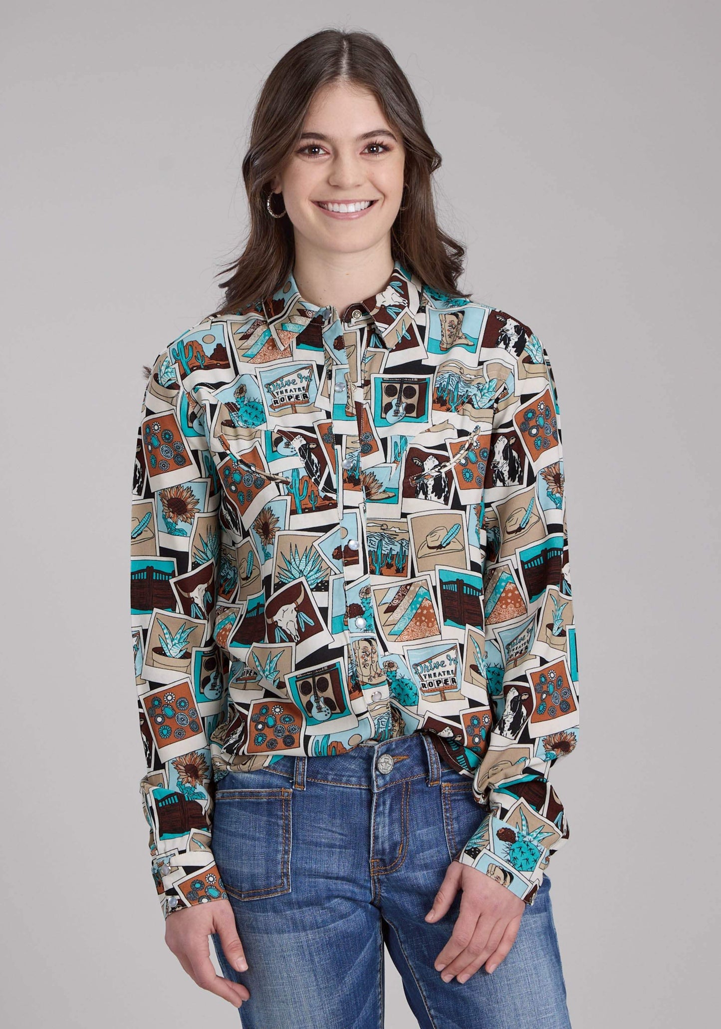 Roper Womens Photo Collage Print Rayon Long Sleeve Snap Western Shirt - Roper - Flyclothing LLC