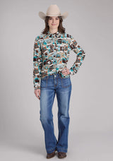 Roper Womens Photo Collage Print Rayon Long Sleeve Snap Western Shirt - Roper - Flyclothing LLC