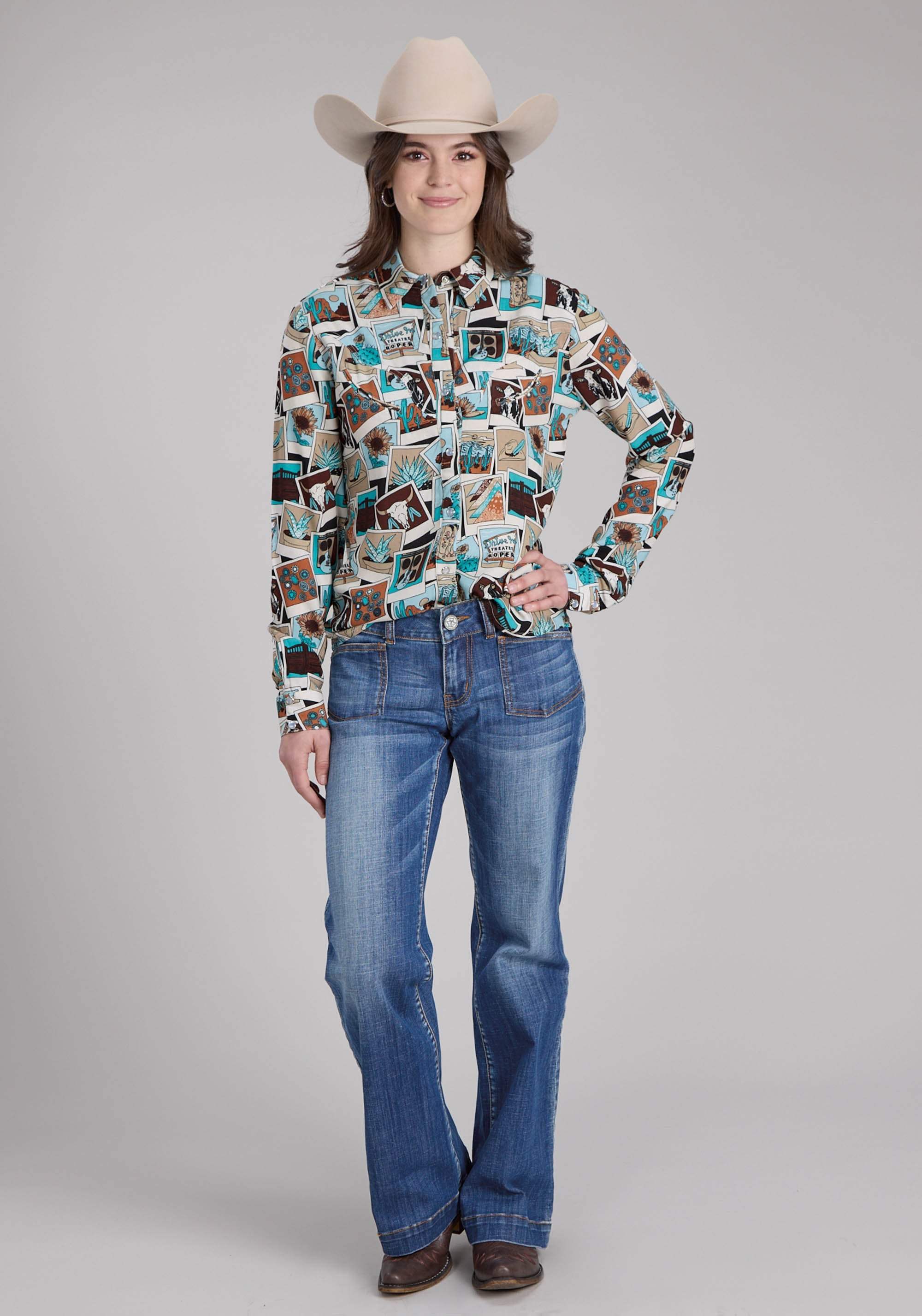 Roper Womens Photo Collage Print Rayon Long Sleeve Snap Western Shirt - Roper - Flyclothing LLC