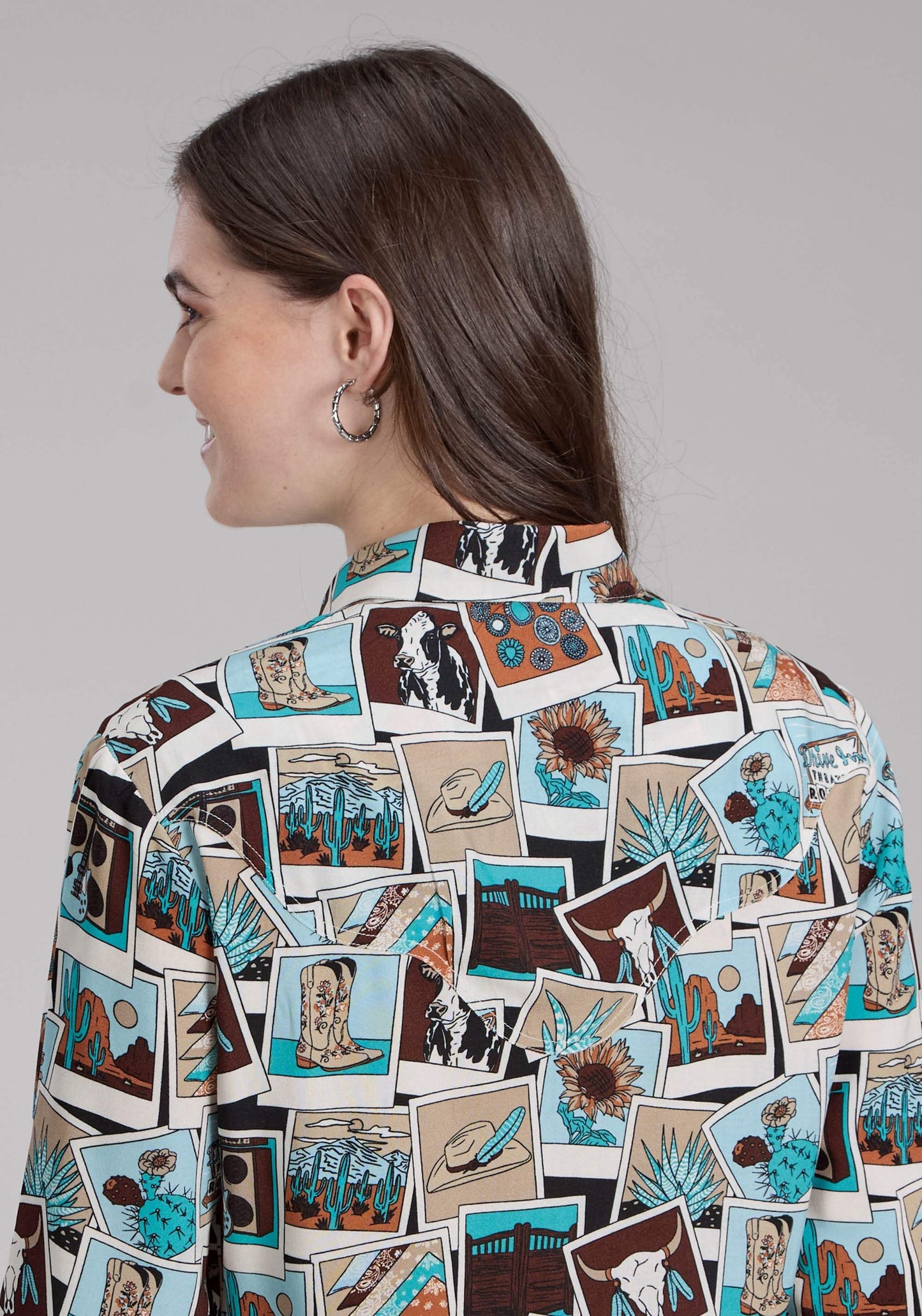 Roper Womens Photo Collage Print Rayon Long Sleeve Snap Western Shirt - Roper - Flyclothing LLC