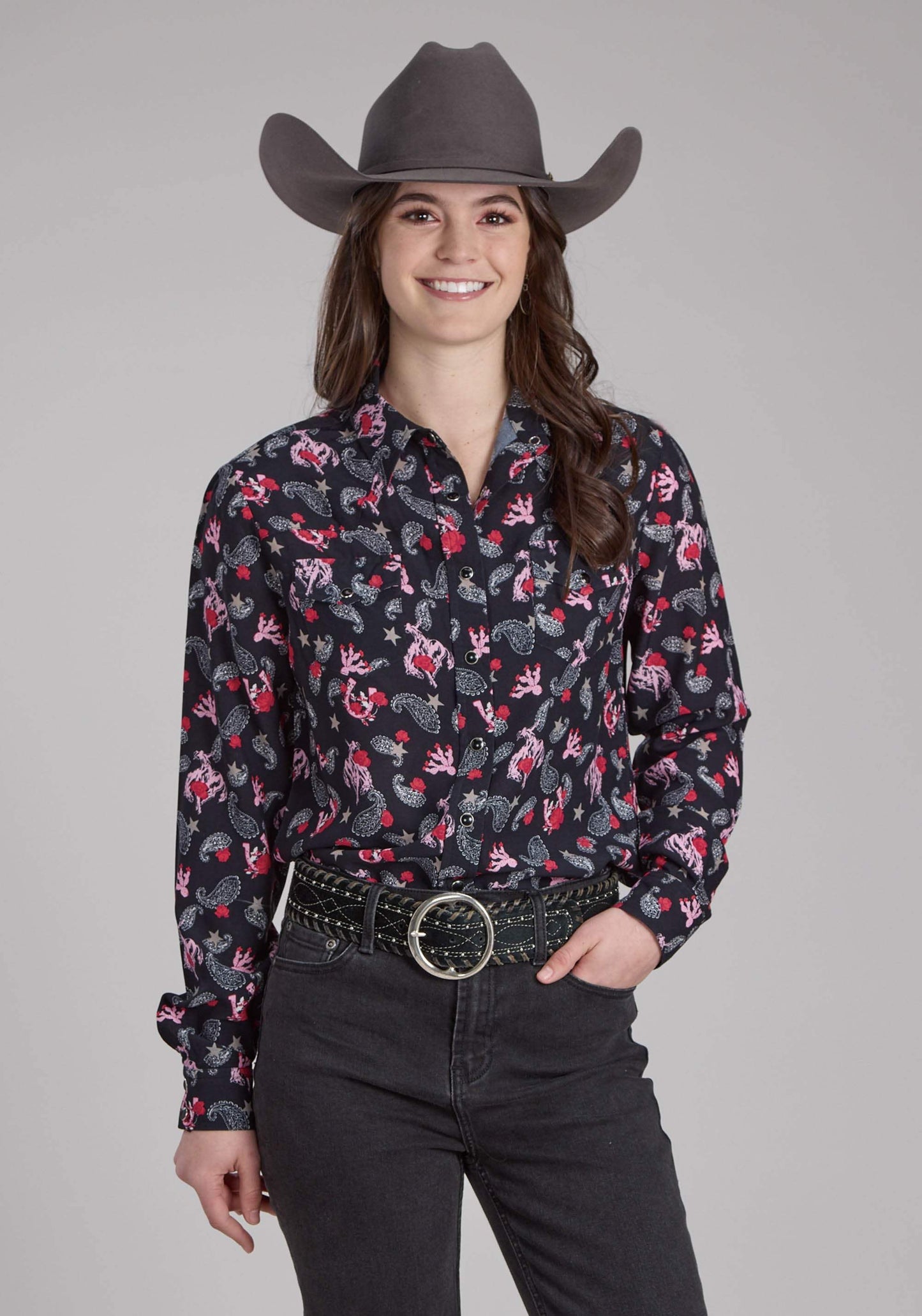 Roper Womens Bronc Riders Printed Rayon Blouse Long Sleeve Snap Western Shirt - Roper - Flyclothing LLC