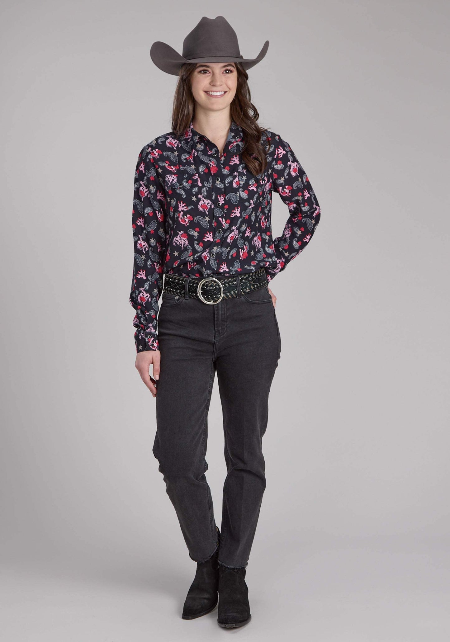 Roper Womens Bronc Riders Printed Rayon Blouse Long Sleeve Snap Western Shirt - Roper - Flyclothing LLC
