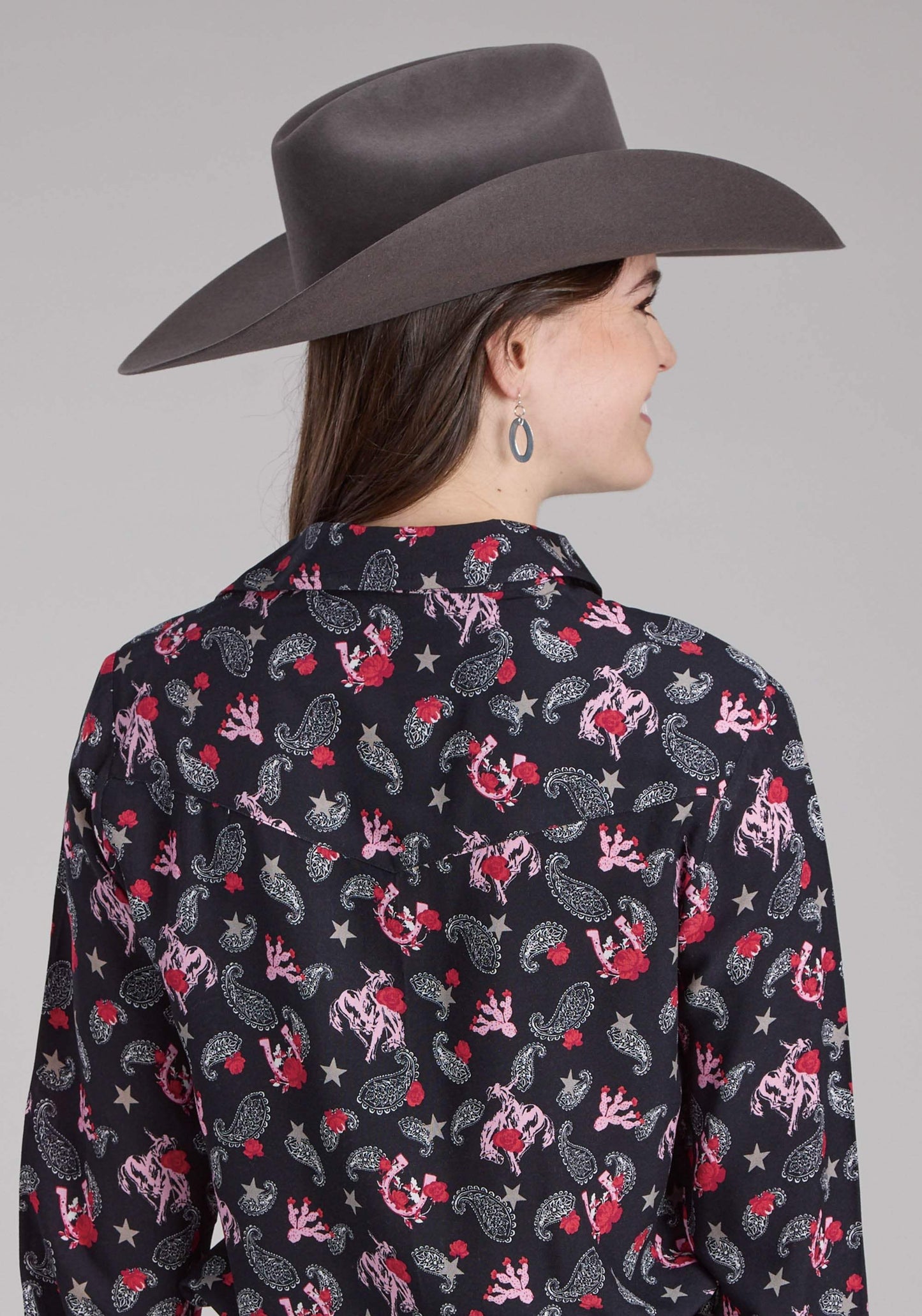 Roper Womens Bronc Riders Printed Rayon Blouse Long Sleeve Snap Western Shirt - Roper - Flyclothing LLC