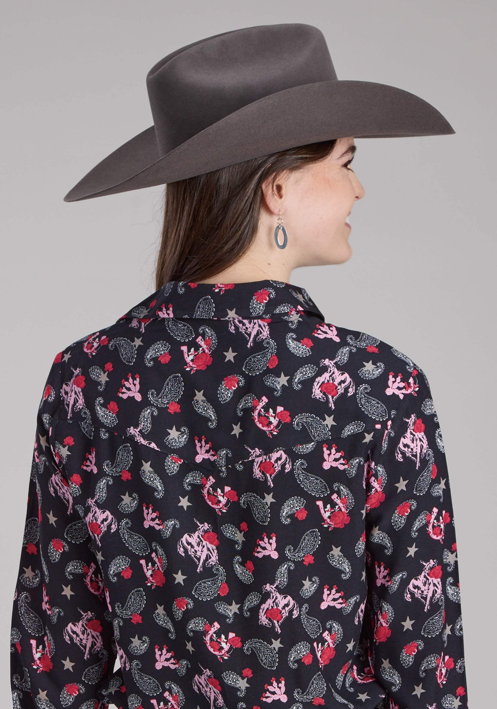 Roper Womens Bronc Riders Printed Rayon Blouse Long Sleeve Snap Western Shirt - Roper - Flyclothing LLC