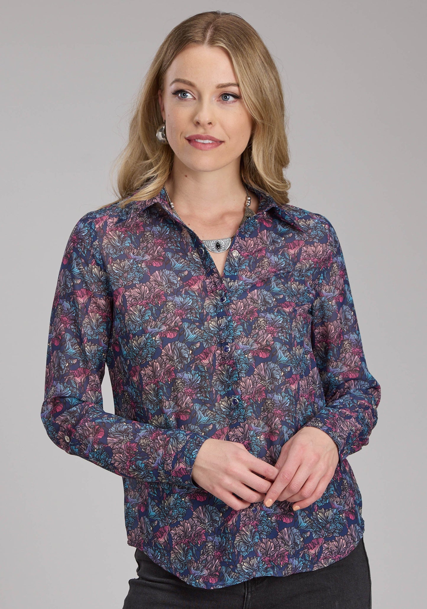 Roper Womens "gem Floral" Print Georgette Long Sleeve Button Western S