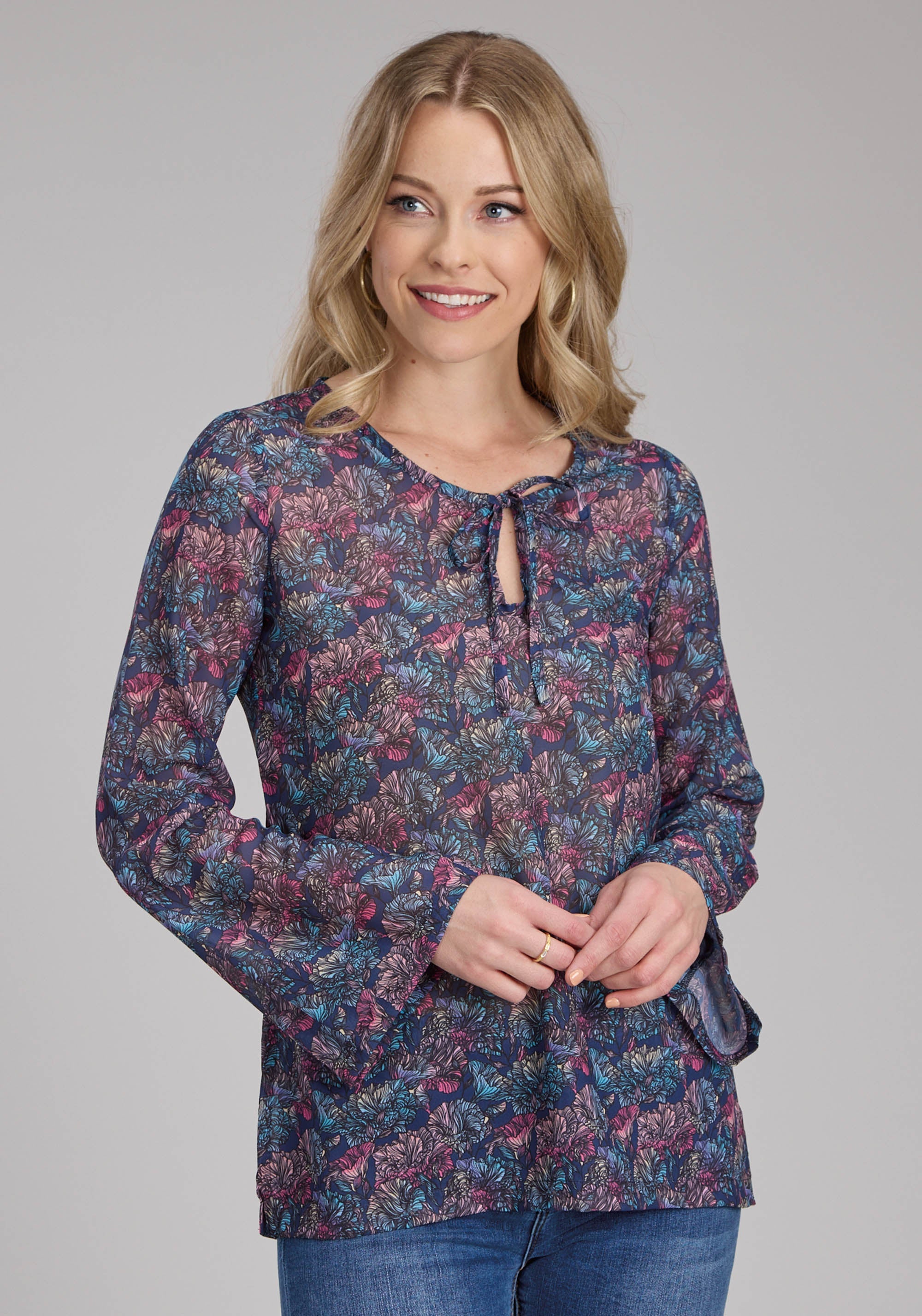 Roper Womens "gem Floral" Print Georgette Long Sleeve Pullover Western
