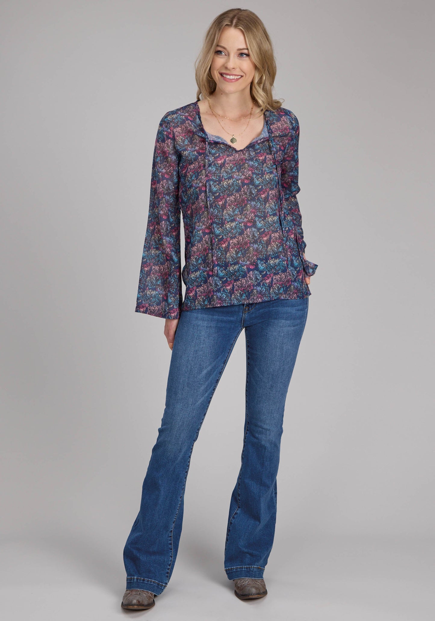 Roper Womens "gem Floral" Print Georgette Long Sleeve Pullover Western Shirt