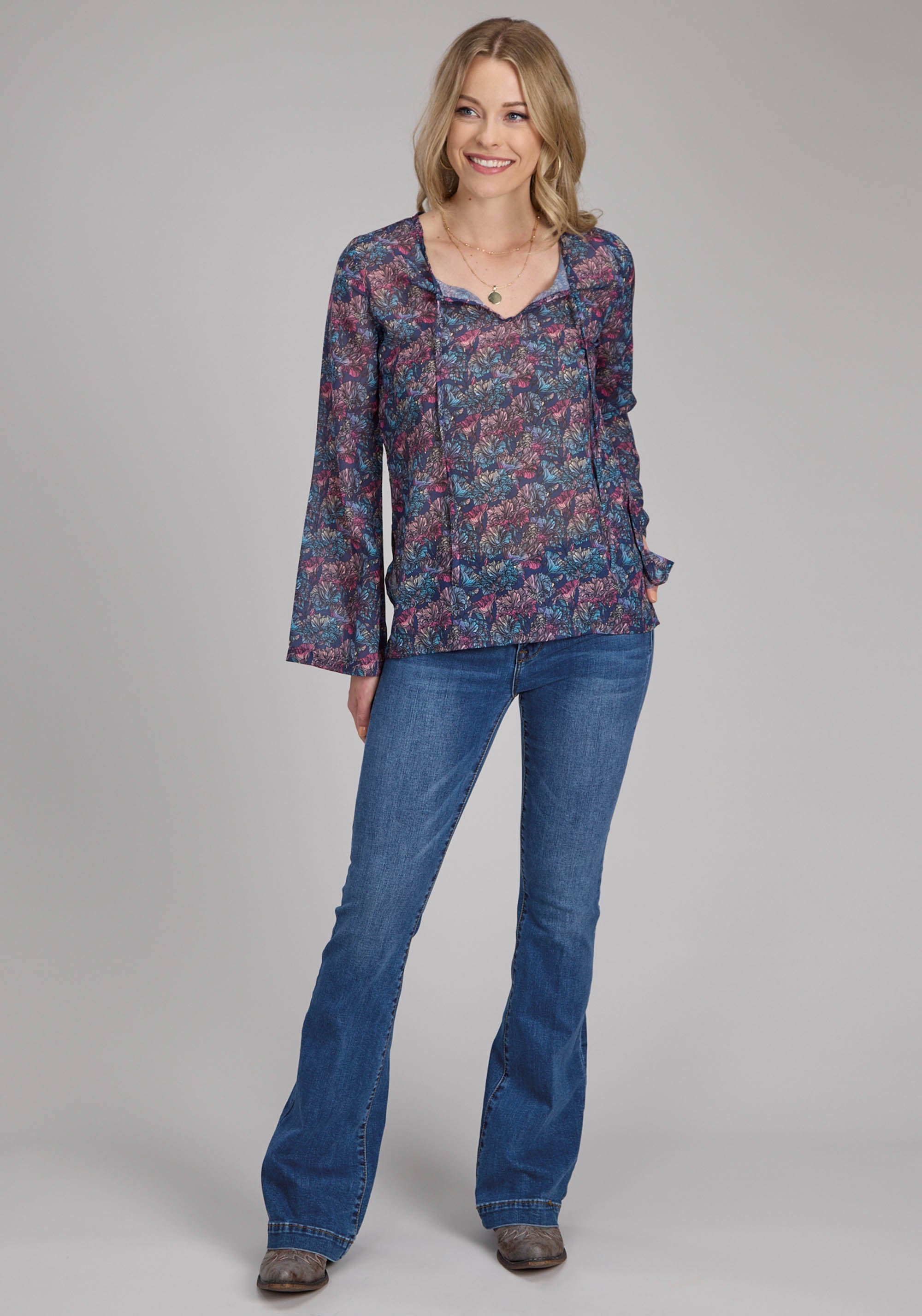 Roper Womens "gem Floral" Print Georgette Long Sleeve Pullover Western Shirt