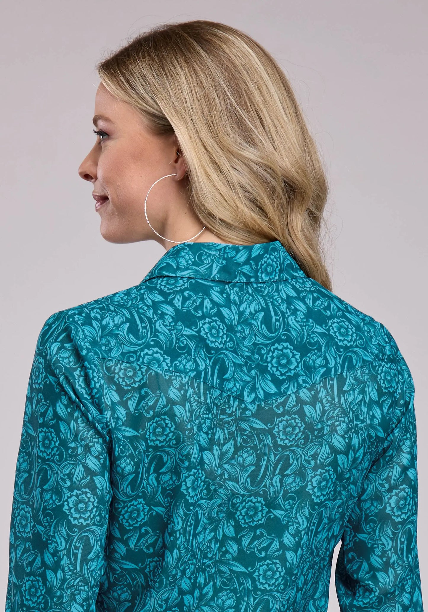 Womens Long Sleeve Button Tooled Floral Print Poly Georgette Western Shirt - Roper - Flyclothing LLC