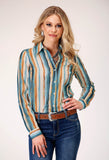 Roper Womens Long Sleeve Button Watercolor Stripe Print Western Shirt With Tab And Button On Sleeves For Rollded Cuffs - Roper