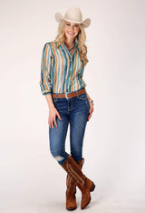Roper Womens Long Sleeve Button Watercolor Stripe Print Western Shirt With Tab And Button On Sleeves For Rollded Cuffs - Roper - Flyclothing LLC