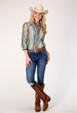 Roper Womens Long Sleeve Button Watercolor Stripe Print Western Shirt With Tab And Button On Sleeves For Rollded Cuffs - Roper