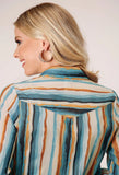 Roper Womens Long Sleeve Button Watercolor Stripe Print Western Shirt With Tab And Button On Sleeves For Rollded Cuffs - Roper