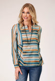 Roper Womens Long Sleeve Pullover Watercolor Stripe Print Tunic Western Shirt - Roper