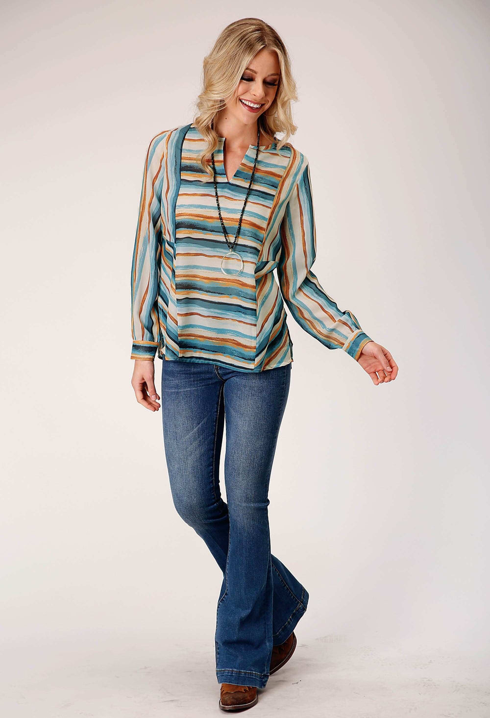 Roper Womens Long Sleeve Pullover Watercolor Stripe Print Tunic Western Shirt - Roper - Flyclothing LLC