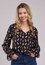 Roper Womens Long Sleeve Pullover Boot Printed Rayon Peasant Blouse We