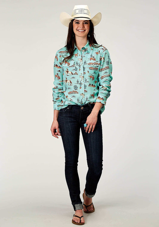 Roper Womens Long Sleeve Snap Desert Toile Print Rayon Western Blouse - Roper - Flyclothing LLC