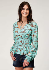 Roper Womens Long Sleeve Button Desert Toile Print Rayon Peasant Blouse With Peplum Shirred Waist - Roper - Flyclothing LLC