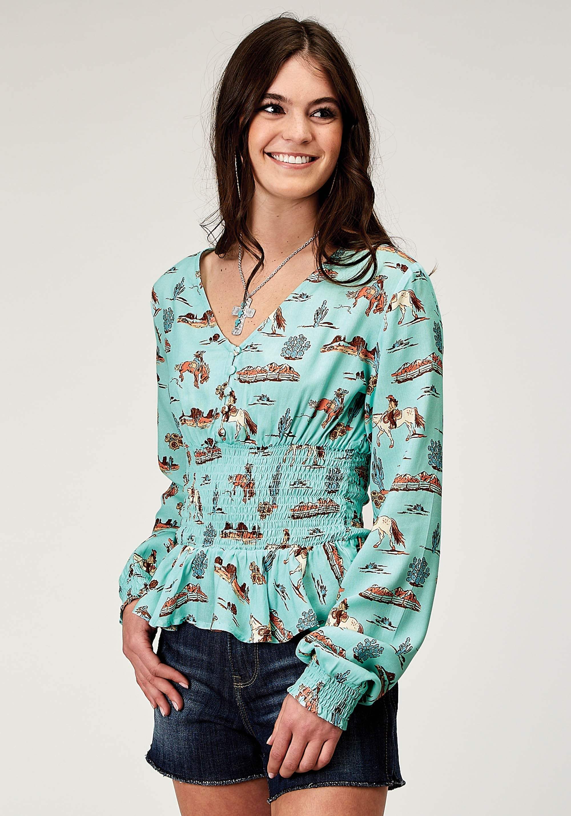 Roper Womens Long Sleeve Button Desert Toile Print Rayon Peasant Blouse With Peplum Shirred Waist - Roper - Flyclothing LLC