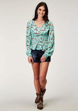 Roper Womens Long Sleeve Button Desert Toile Print Rayon Peasant Blouse With Peplum Shirred Waist - Roper - Flyclothing LLC