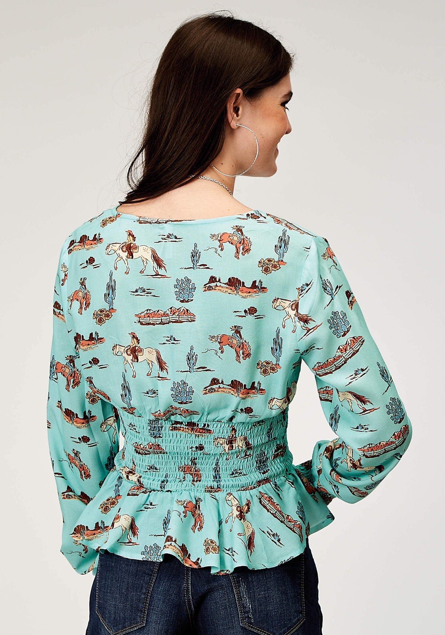 Roper Womens Long Sleeve Button Desert Toile Print Rayon Peasant Blouse With Peplum Shirred Waist - Roper - Flyclothing LLC