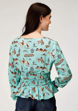 Roper Womens Long Sleeve Button Desert Toile Print Rayon Peasant Blouse With Peplum Shirred Waist - Roper - Flyclothing LLC