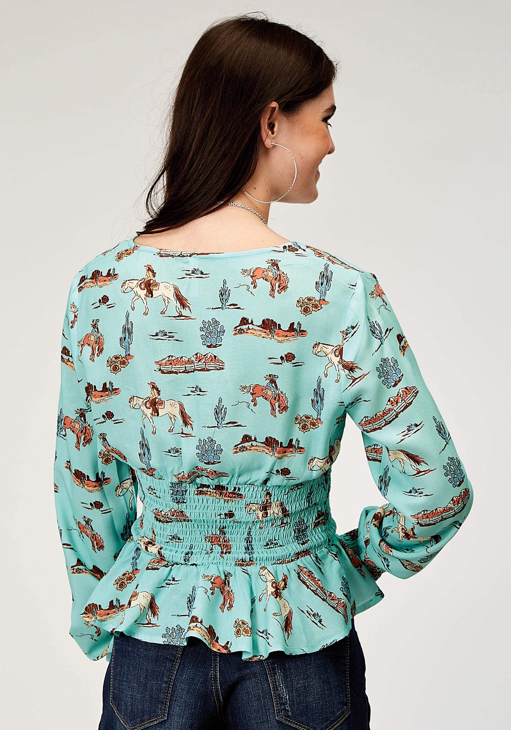 Roper Womens Long Sleeve Button Desert Toile Print Rayon Peasant Blouse With Peplum Shirred Waist - Roper - Flyclothing LLC
