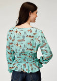 Roper Womens Long Sleeve Button Desert Toile Print Rayon Peasant Blouse With Peplum Shirred Waist - Roper