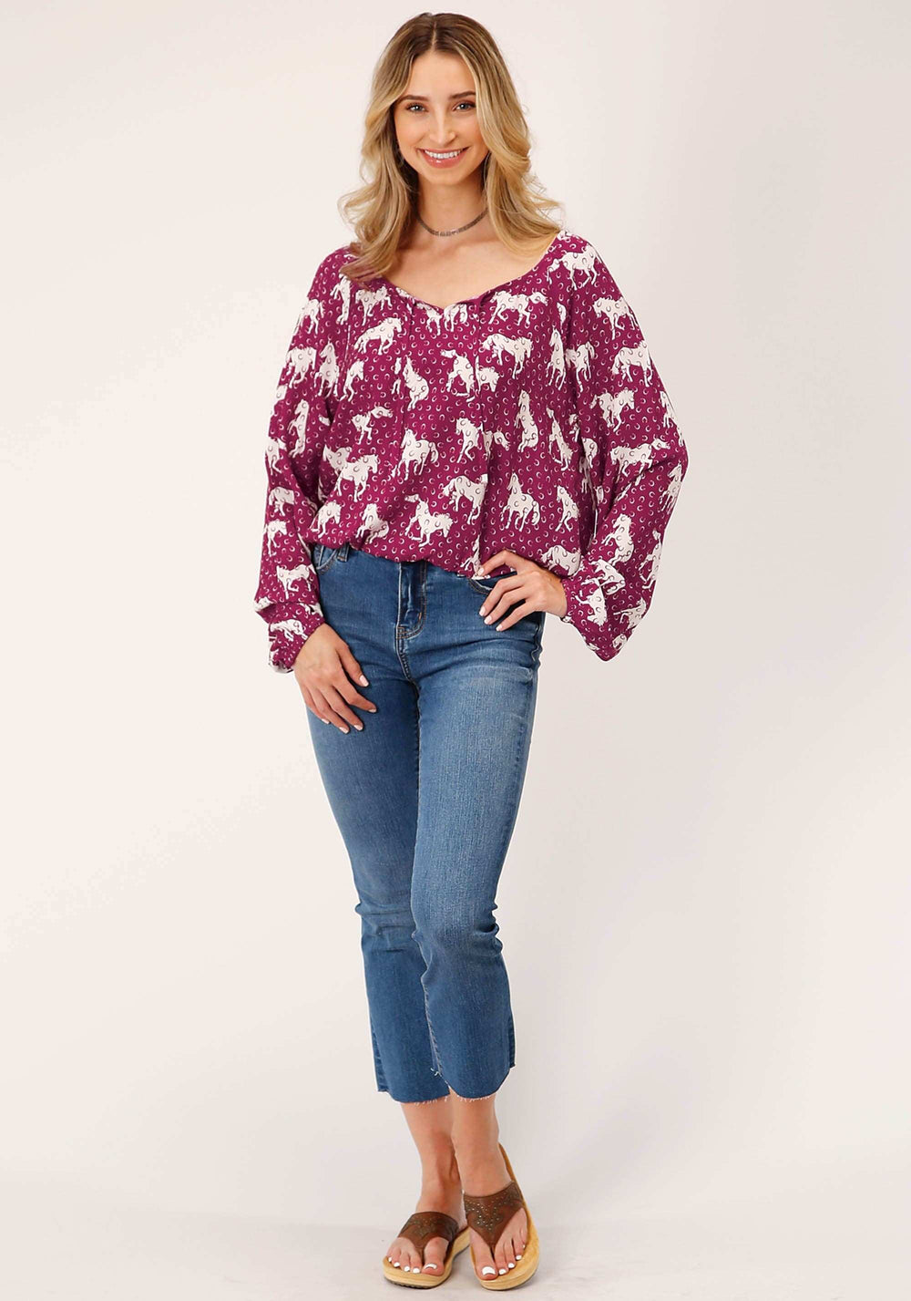 Roper Womens Long Sleeve Horse Print Rayon Long Sleeve Peasant Blouse - Roper - Flyclothing LLC