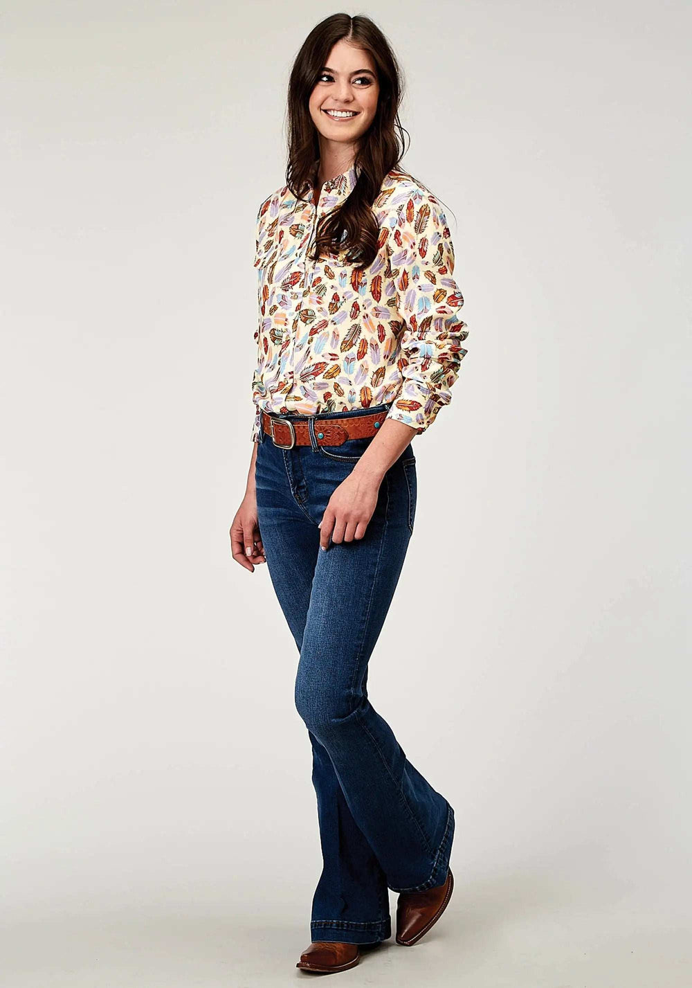 Roper Womens Long Sleeve Snap Feather Toss Printed Rayon Western Blouse - Roper - Flyclothing LLC