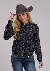 Womens Roper Constellations Print Rayon Long Sleeve Snap Shirt