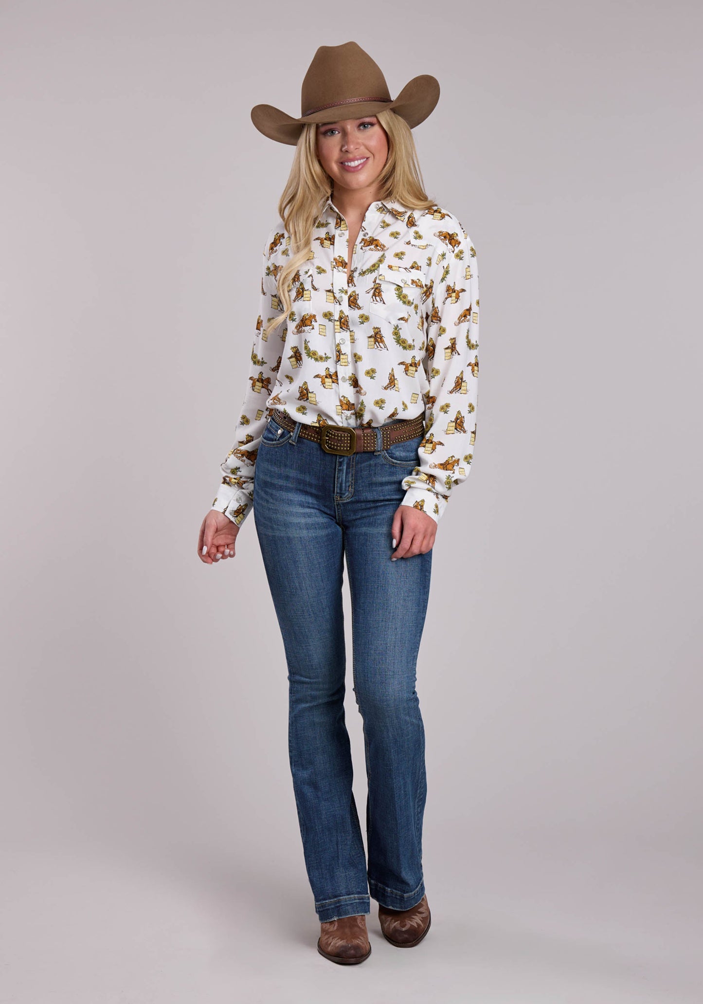 Womens Roper Racers Printed Rayon Long Sleeve Snap Shirt