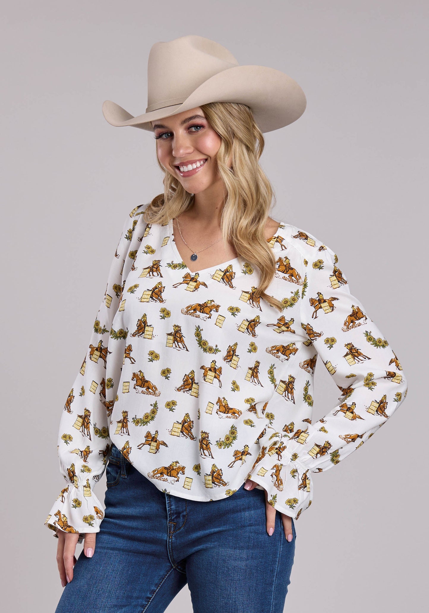 Womens Roper Racers Printed Rayon Long Sleeve Shirt