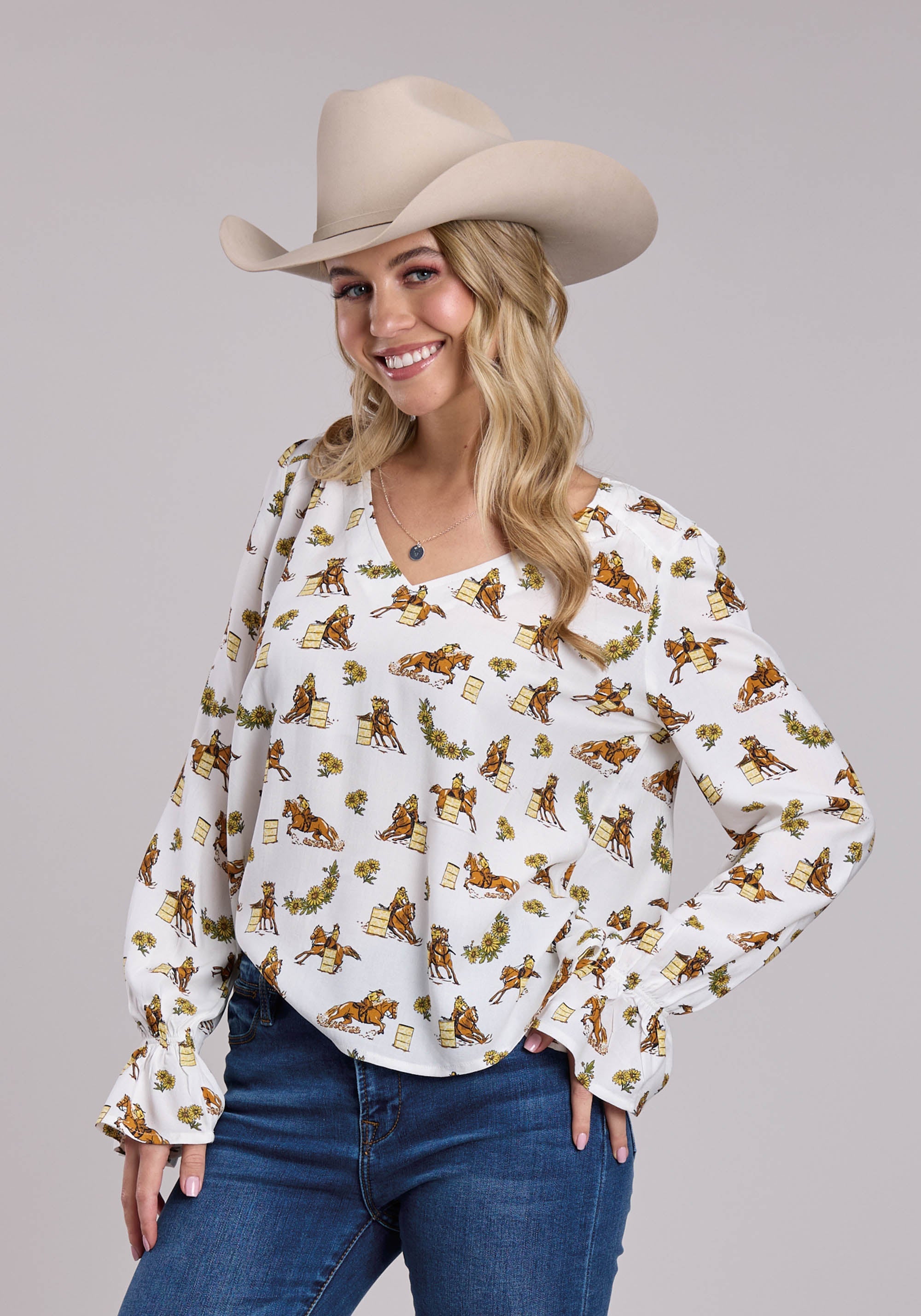 Womens Roper Racers Printed Rayon Long Sleeve Shirt