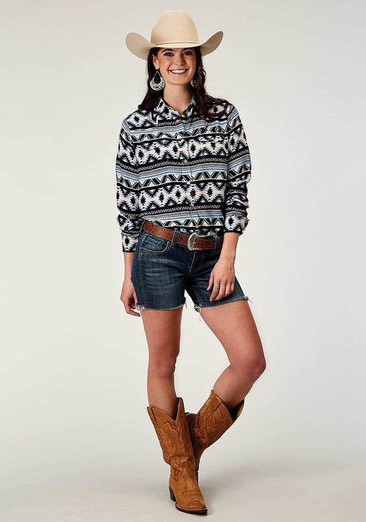 Roper Womens Long Sleeve Snap Navy Aztec Printed Rayon Western Blouse - Roper - Flyclothing LLC