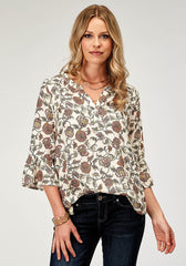 Roper Womens Long Sleeve Pullover Vintage Floral Print Peasant Blouse With Split V Placket Three Quarter Sleeves - Roper