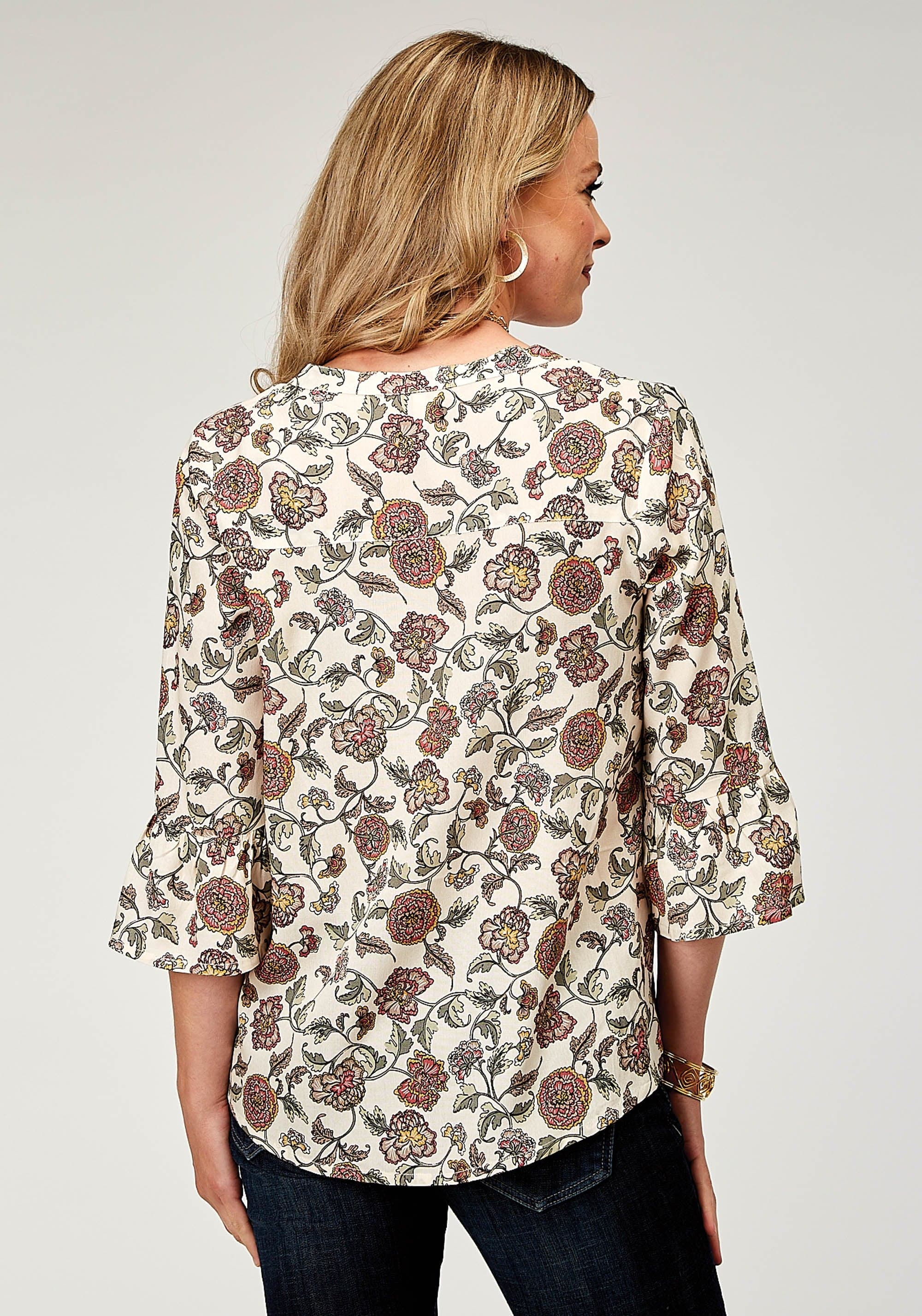 Roper Womens Long Sleeve Pullover Vintage Floral Print Peasant Blouse With Split V Placket Three Quarter Sleeves - Roper