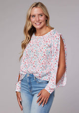 Roper Womens Long Sleeve Pullover Scattered Aztec Print Rayon Western Blouse Wide Scoop Neck Open Sleeve Tie At Cuff - Roper - Flyclothing LLC