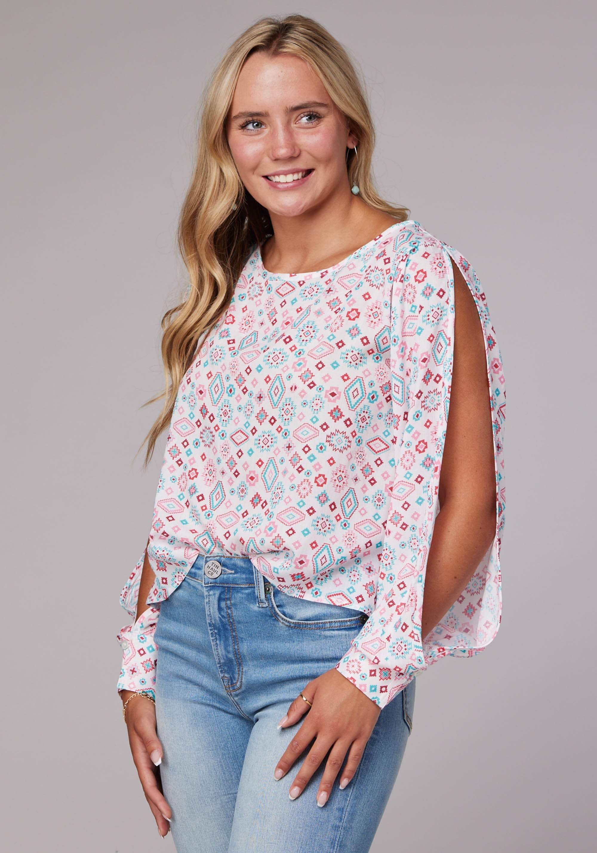 Roper Womens Long Sleeve Pullover Scattered Aztec Print Rayon Western Blouse Wide Scoop Neck Open Sleeve Tie At Cuff - Roper - Flyclothing LLC