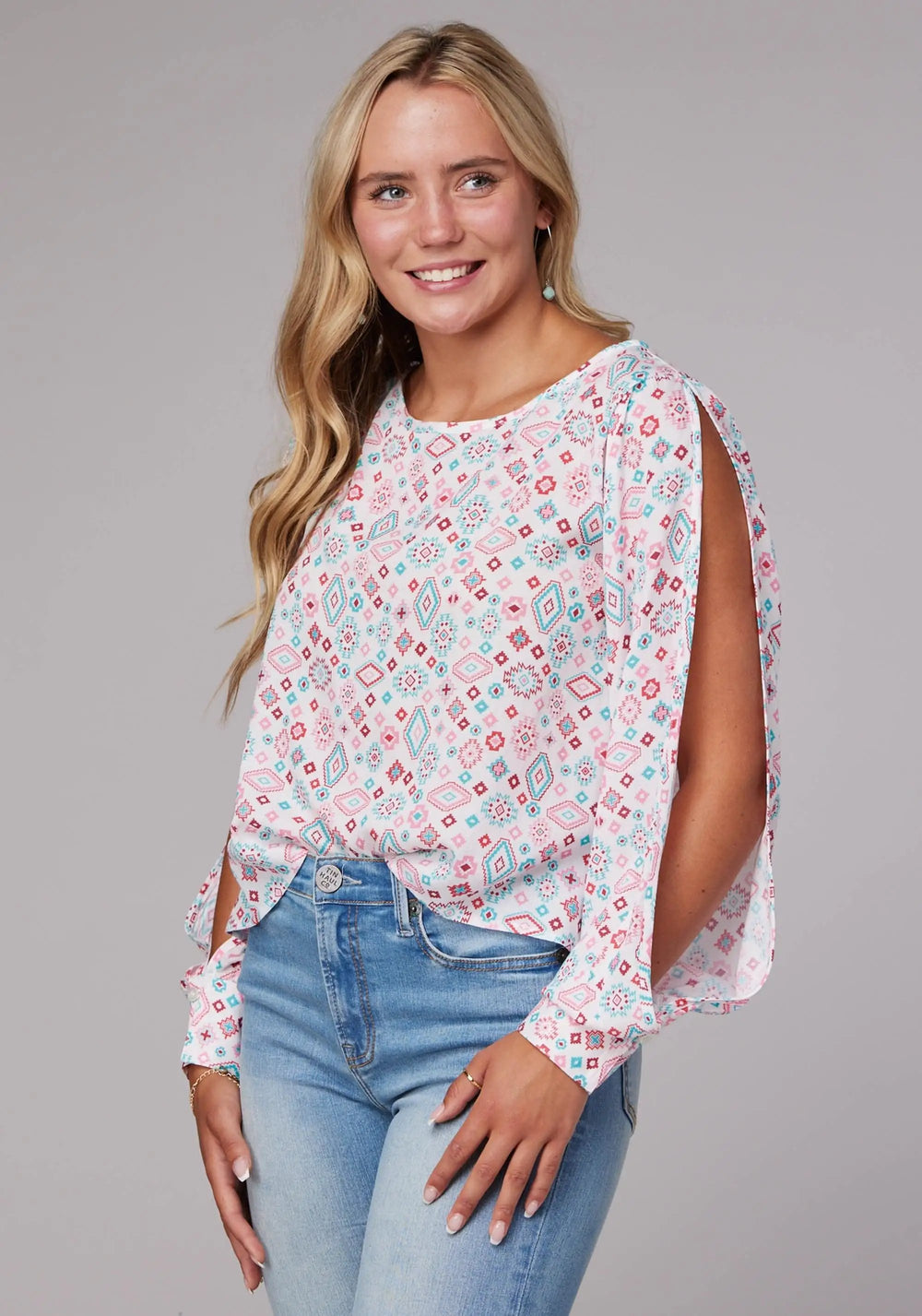 Roper Womens Long Sleeve Pullover Scattered Aztec Print Rayon Western Blouse Wide Scoop Neck Open Sleeve Tie At Cuff - Roper